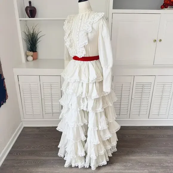 Vintage 50s Handmade Ivory Swiss Dot Lace Tiered Ruffle High Neck Dress Size S/6 - Picture 3 of 10